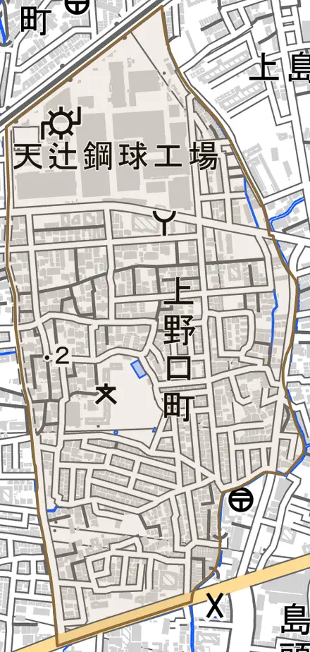 上野口町とその周辺の地図。町の範囲を重ねている
