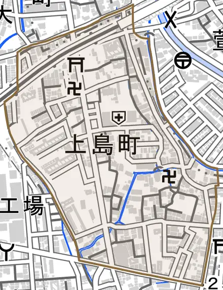 上島町とその周辺の地図。町の範囲を重ねている