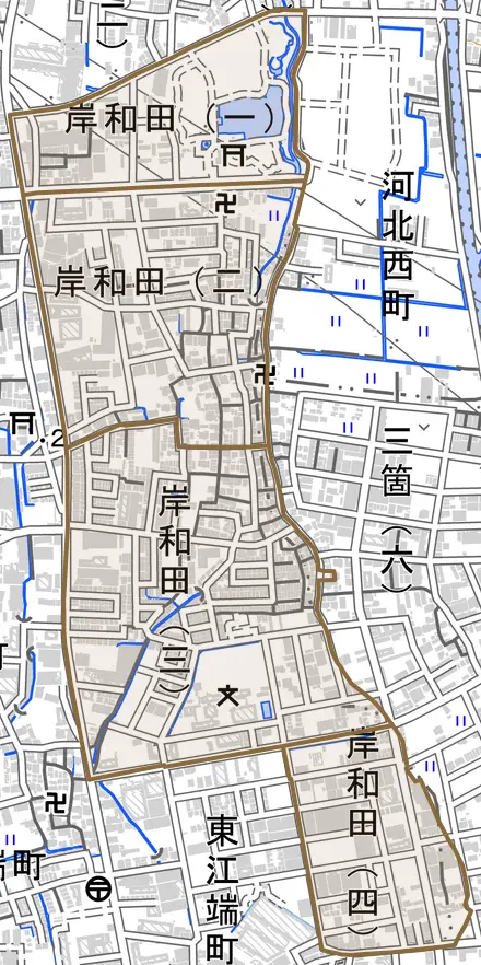 岸和田とその周辺の地図。町の範囲を重ねている