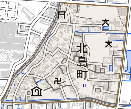 北島町とその周辺の地図。町の範囲を重ねている