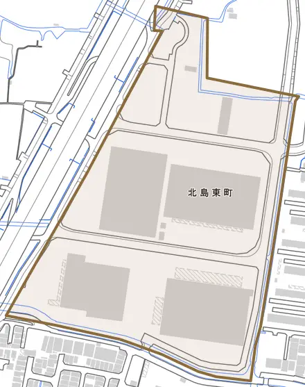 北島東町とその周辺の地図。町の範囲を重ねている