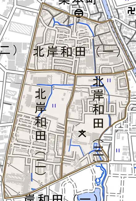 北岸和田とその周辺の地図。町の範囲を重ねている
