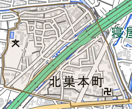 北巣本町とその周辺の地図。町の範囲を重ねている