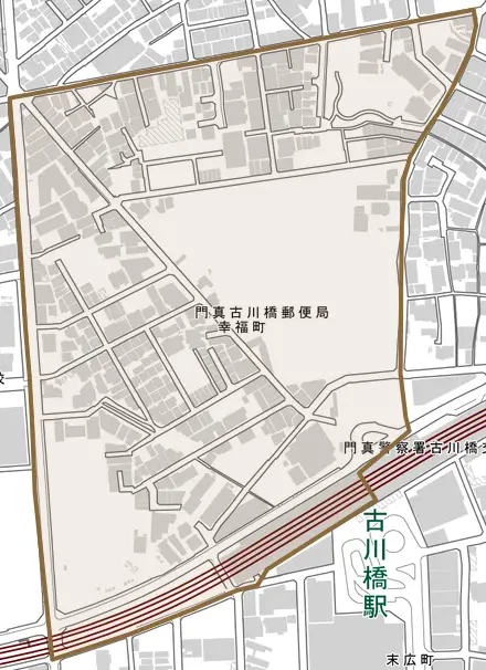 幸福町とその周辺の地図。町の範囲を重ねている