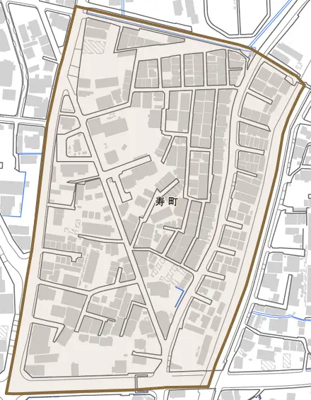 寿町とその周辺の地図。町の範囲を重ねている