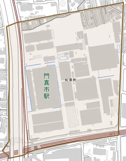 松葉町とその周辺の地図。町の範囲を重ねている