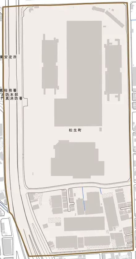 松生町とその周辺の地図。町の範囲を重ねている