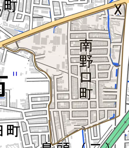 南野口町とその周辺の地図。町の範囲を重ねている