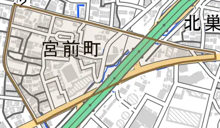 宮前町とその周辺の地図。町の範囲を重ねている