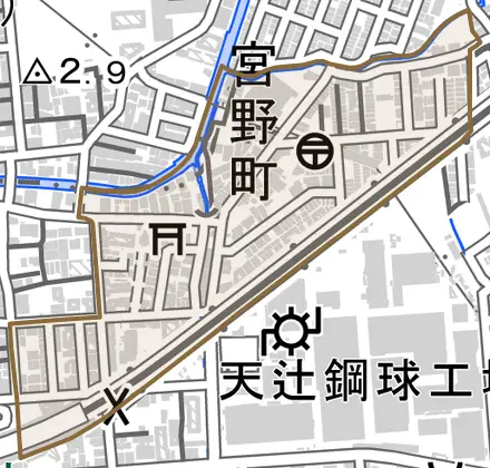 宮野町とその周辺の地図。町の範囲を重ねている