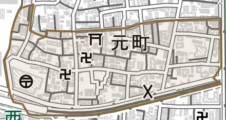 元町とその周辺の地図。町の範囲を重ねている