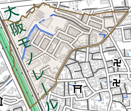 向島町とその周辺の地図。町の範囲を重ねている