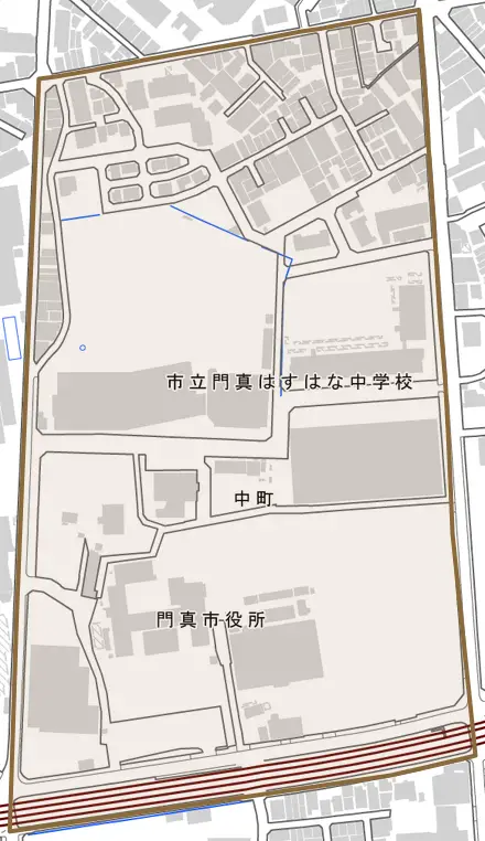 中町とその周辺の地図。町の範囲を重ねている