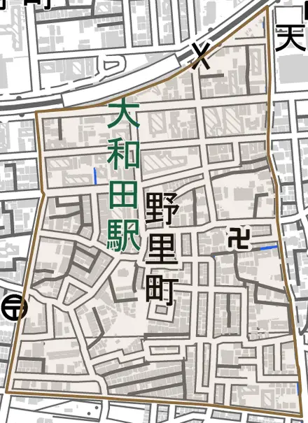 野里町とその周辺の地図。町の範囲を重ねている
