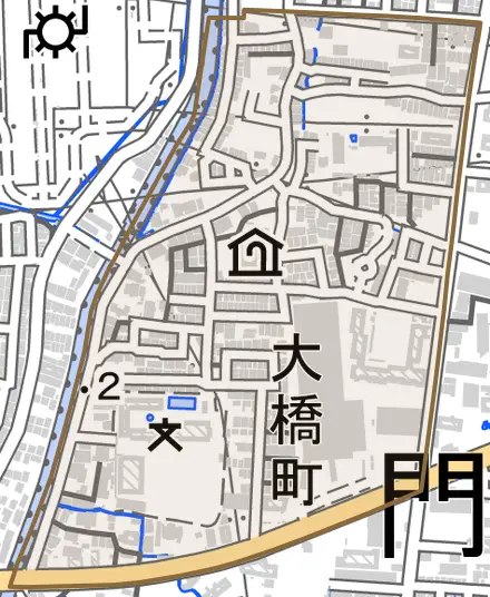 大橋町とその周辺の地図。町の範囲を重ねている