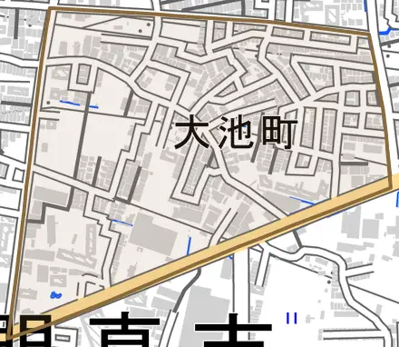 大池町とその周辺の地図。町の範囲を重ねている