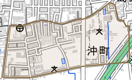 沖町とその周辺の地図。町の範囲を重ねている
