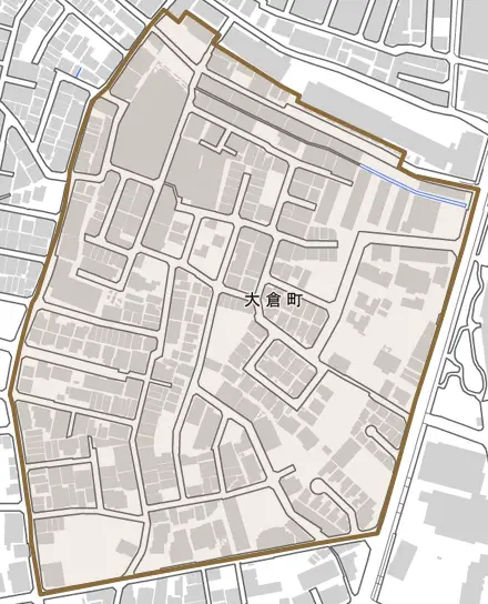 大倉町とその周辺の地図。町の範囲を重ねている