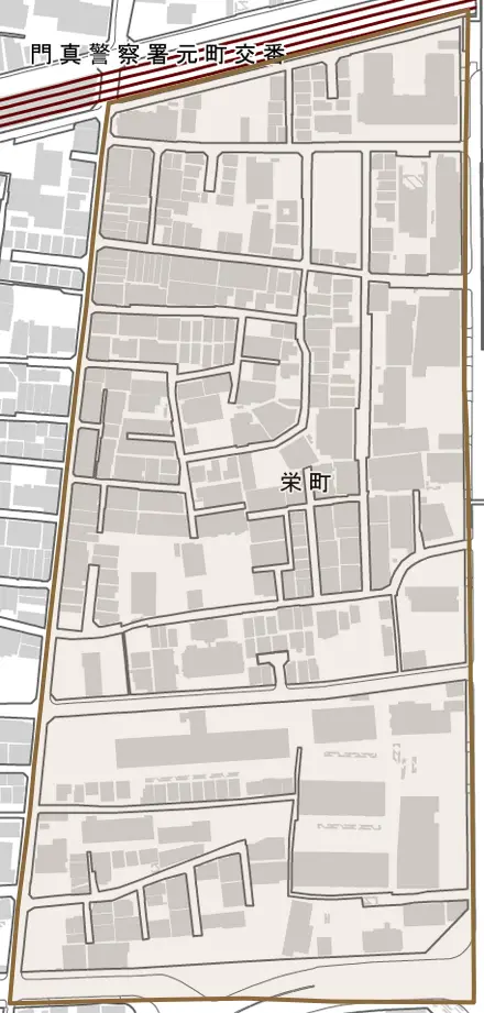 栄町とその周辺の地図。町の範囲を重ねている