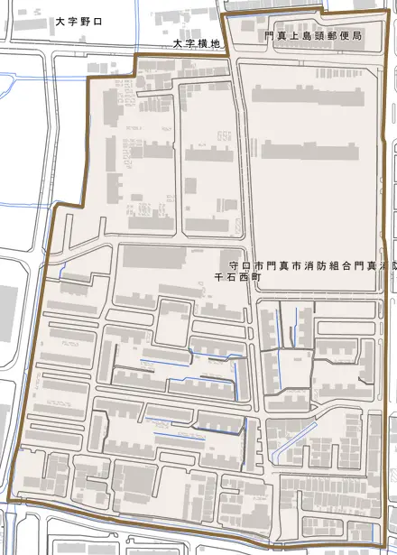 千石西町とその周辺の地図。町の範囲を重ねている