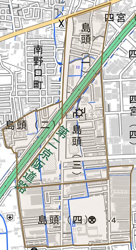 島頭とその周辺の地図。町の範囲を重ねている