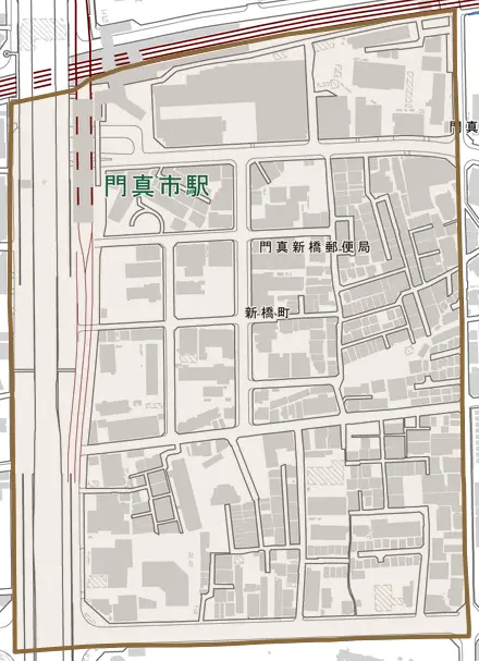 新橋町とその周辺の地図。町の範囲を重ねている