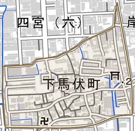 下馬伏町とその周辺の地図。町の範囲を重ねている
