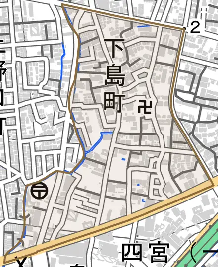 下島町とその周辺の地図。町の範囲を重ねている
