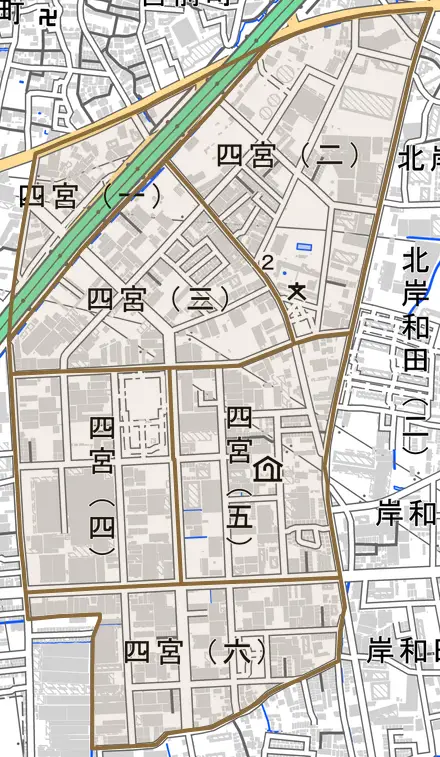 四宮とその周辺の地図。町の範囲を重ねている