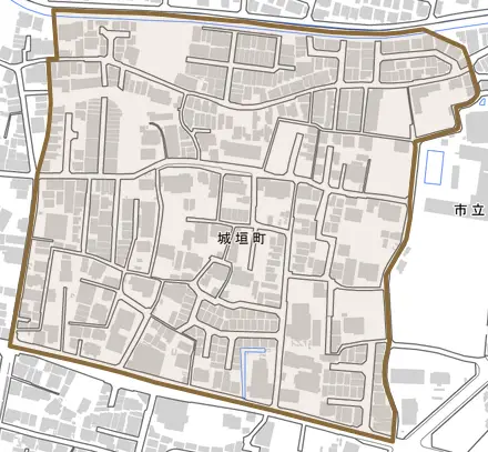 城垣町とその周辺の地図。町の範囲を重ねている