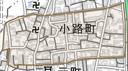 小路町とその周辺の地図。町の範囲を重ねている