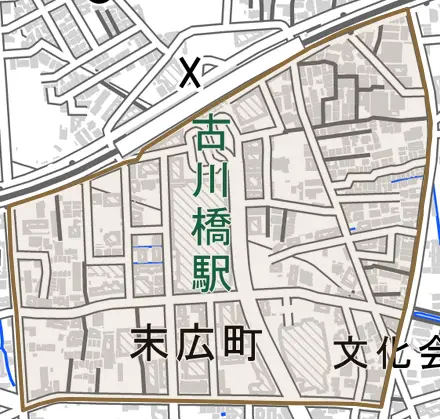 末広町とその周辺の地図。町の範囲を重ねている