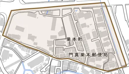 巣本町とその周辺の地図。町の範囲を重ねている