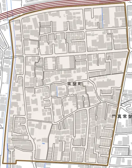 常盤町とその周辺の地図。町の範囲を重ねている