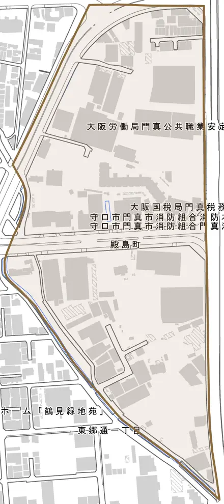 殿島町とその周辺の地図。町の範囲を重ねている