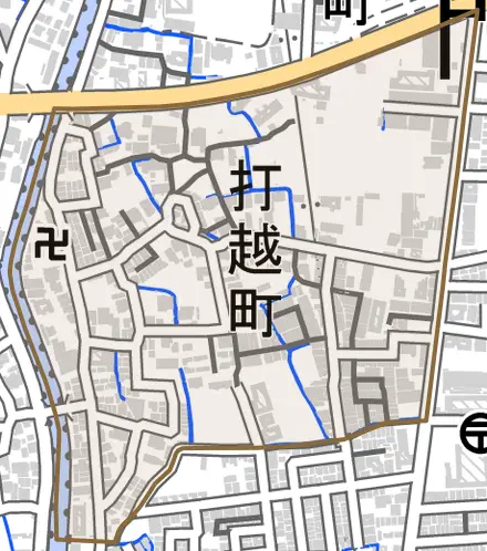 打越町とその周辺の地図。町の範囲を重ねている