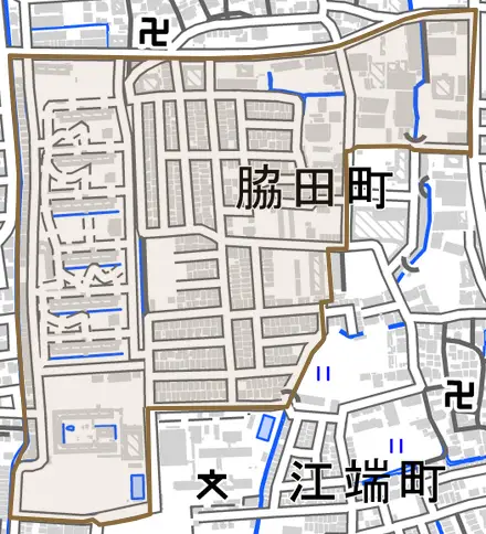 脇田町とその周辺の地図。町の範囲を重ねている