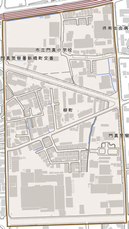 柳町とその周辺の地図。町の範囲を重ねている