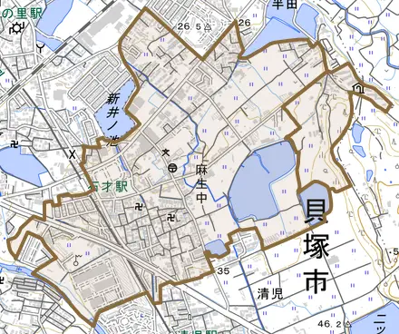 麻生中とその周辺の地図。町の範囲を重ねている