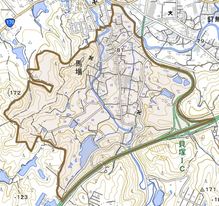 馬場とその周辺の地図。町の範囲を重ねている