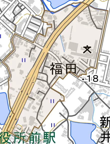 福田とその周辺の地図。町の範囲を重ねている