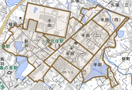 半田とその周辺の地図。町の範囲を重ねている