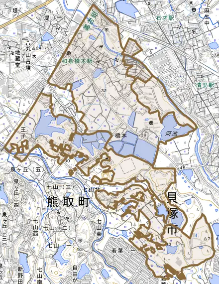 橋本とその周辺の地図。町の範囲を重ねている