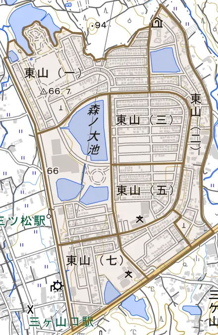 東山とその周辺の地図。町の範囲を重ねている