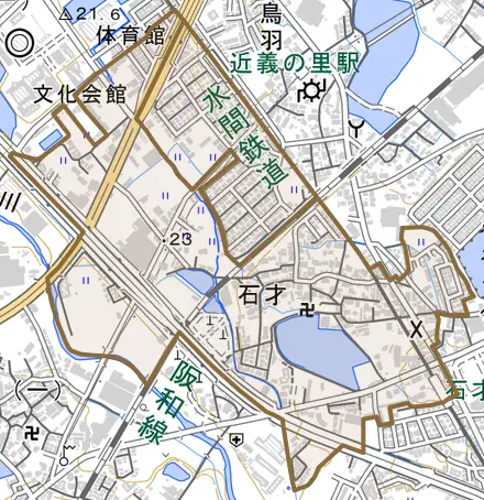 石才とその周辺の地図。町の範囲を重ねている