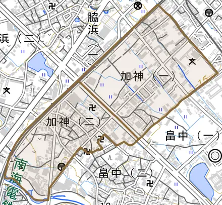 加神とその周辺の地図。町の範囲を重ねている