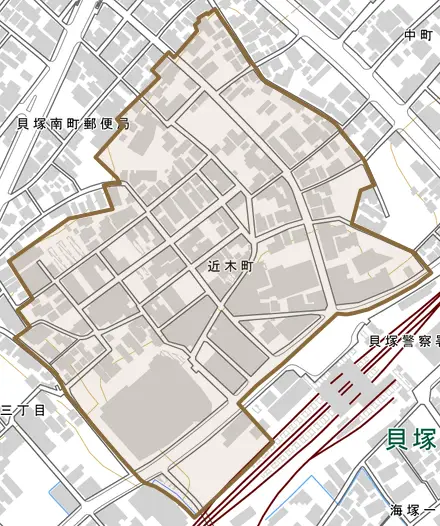 近木町とその周辺の地図。町の範囲を重ねている