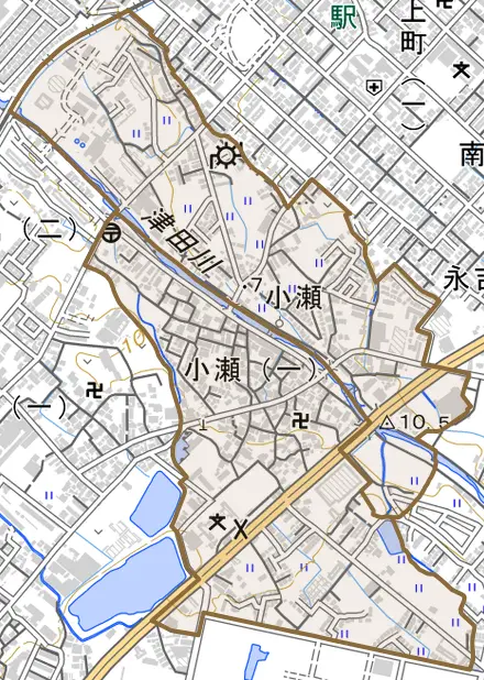 小瀬とその周辺の地図。町の範囲を重ねている