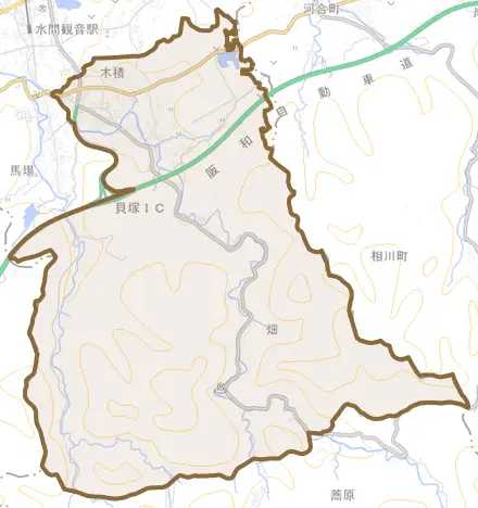 木積とその周辺の地図。町の範囲を重ねている