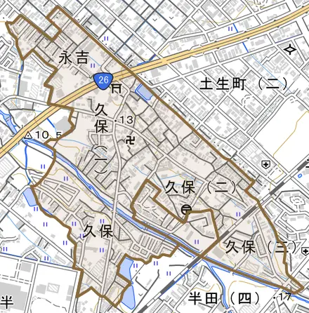 久保とその周辺の地図。町の範囲を重ねている
